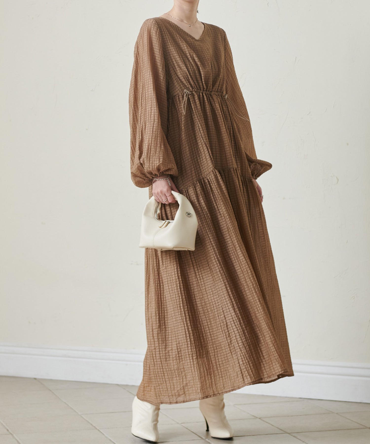 ラナン RANAN シアーチェックドロストギャザーティアード （モカ） モカ