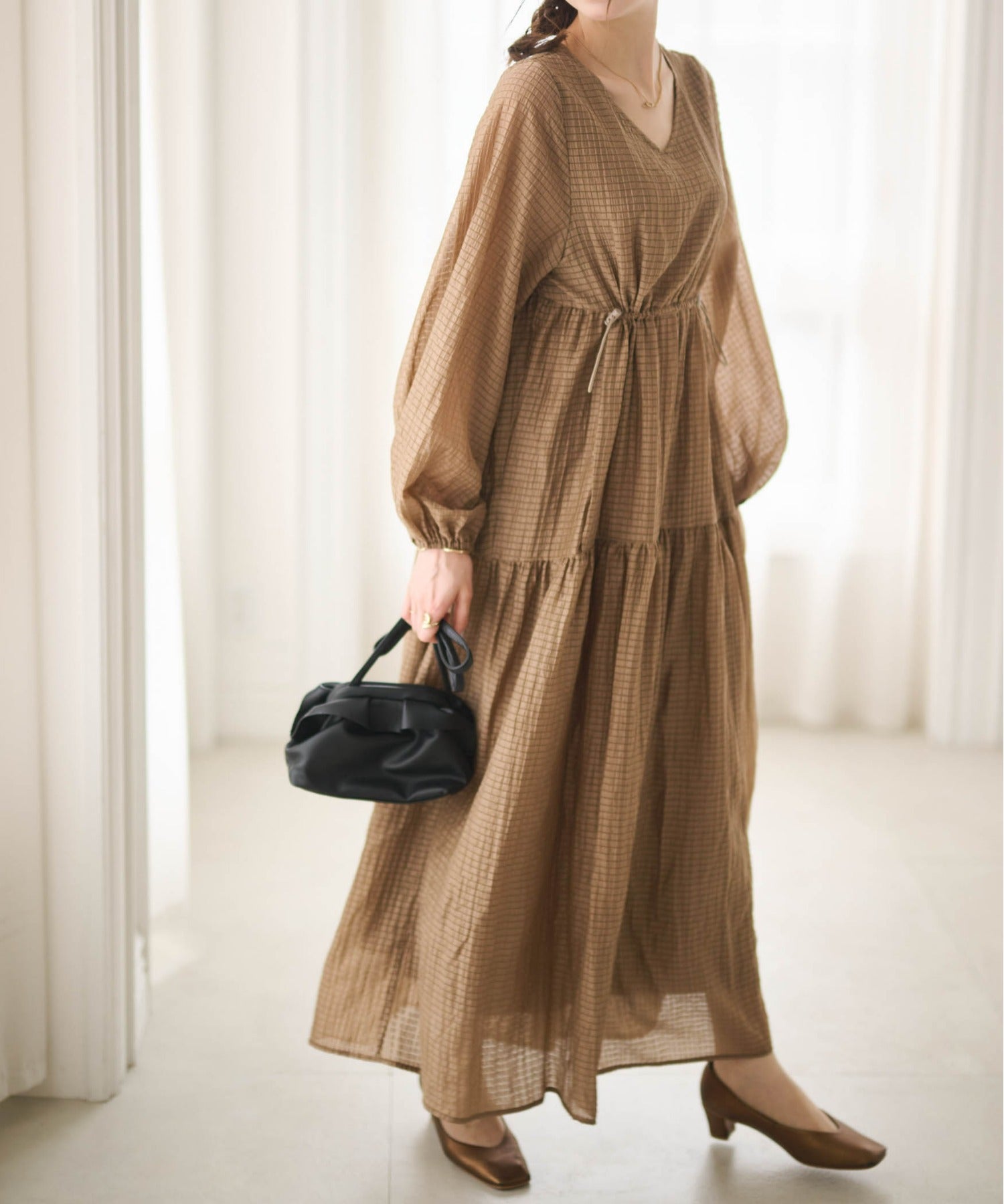 ラナン RANAN シアーチェックドロストギャザーティアード （モカ） モカ