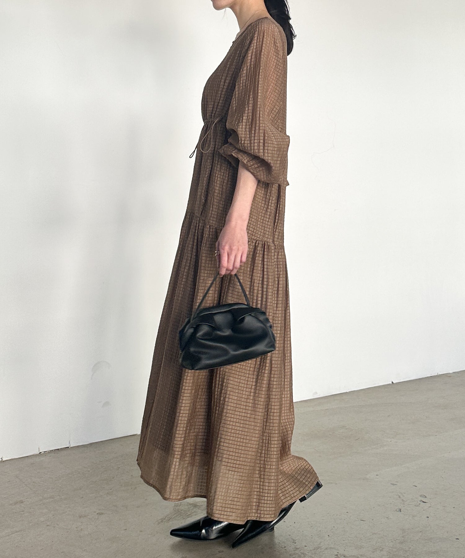 ラナン RANAN シアーチェックドロストギャザーティアード （モカ） モカ