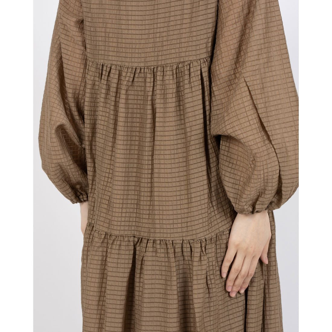 ラナン RANAN シアーチェックドロストギャザーティアード （モカ） モカ