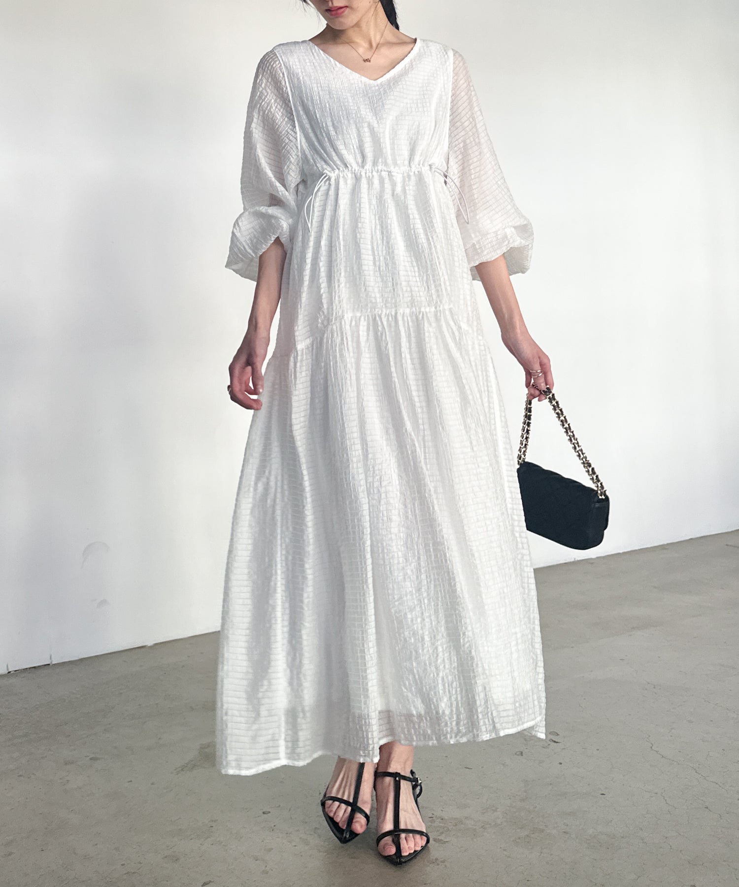 ラナン RANAN シアーチェックドロストギャザーティアード （ホワイト） ホワイト