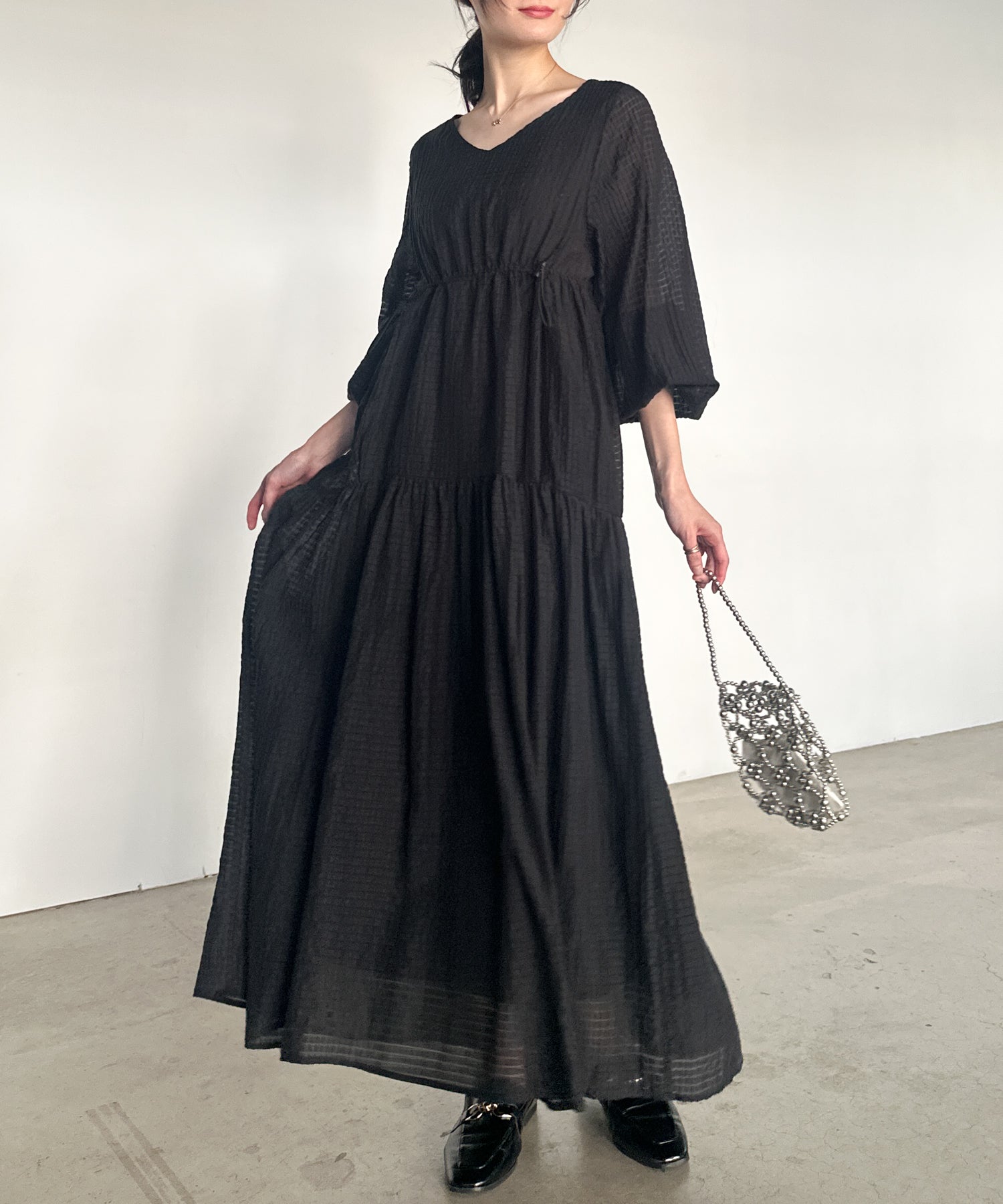 ラナン RANAN シアーチェックドロストギャザーティアード （ブラック） ブラック