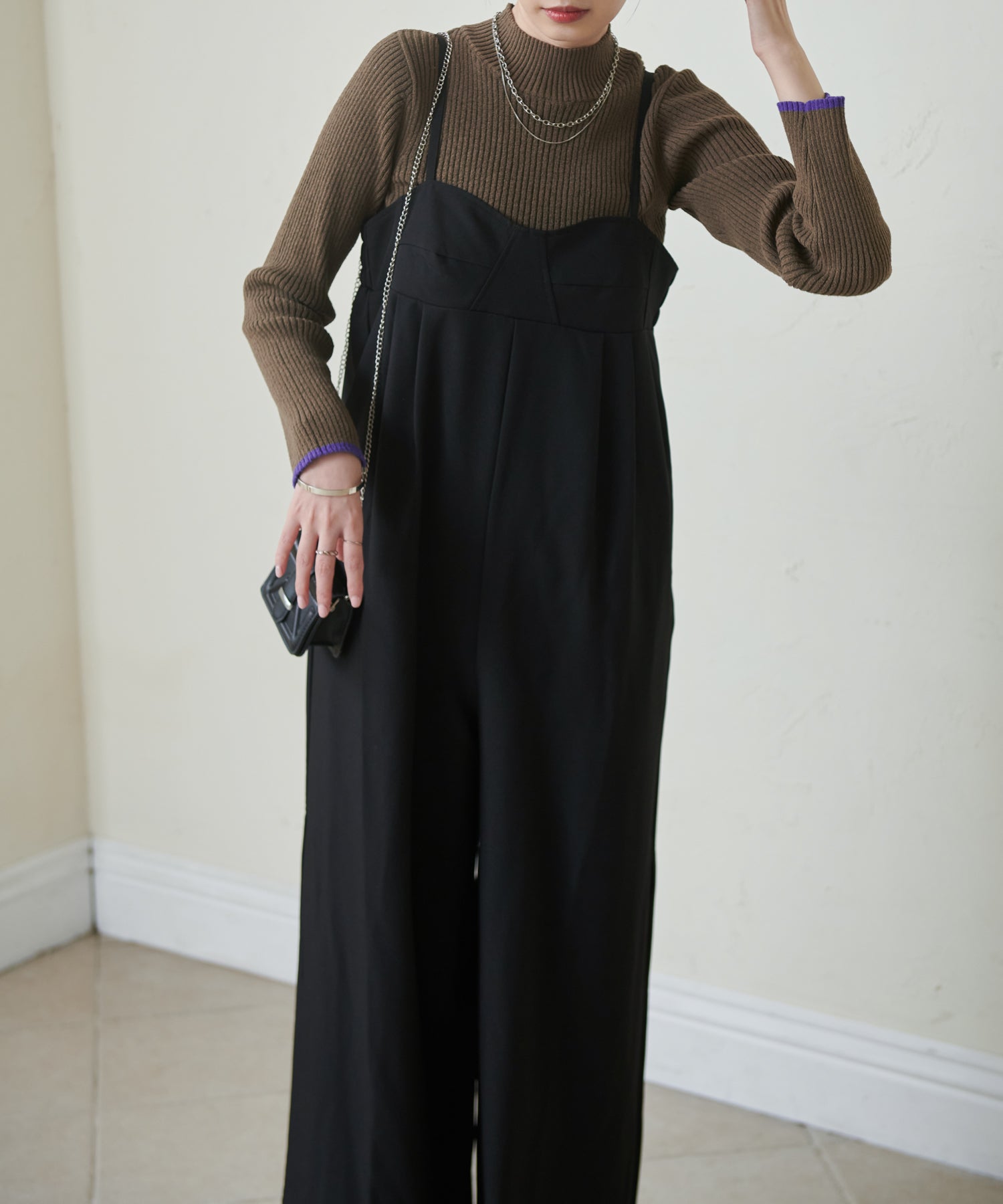 ラナン RANAN 麻調素材デザインサロペット （ブラック） ブラック