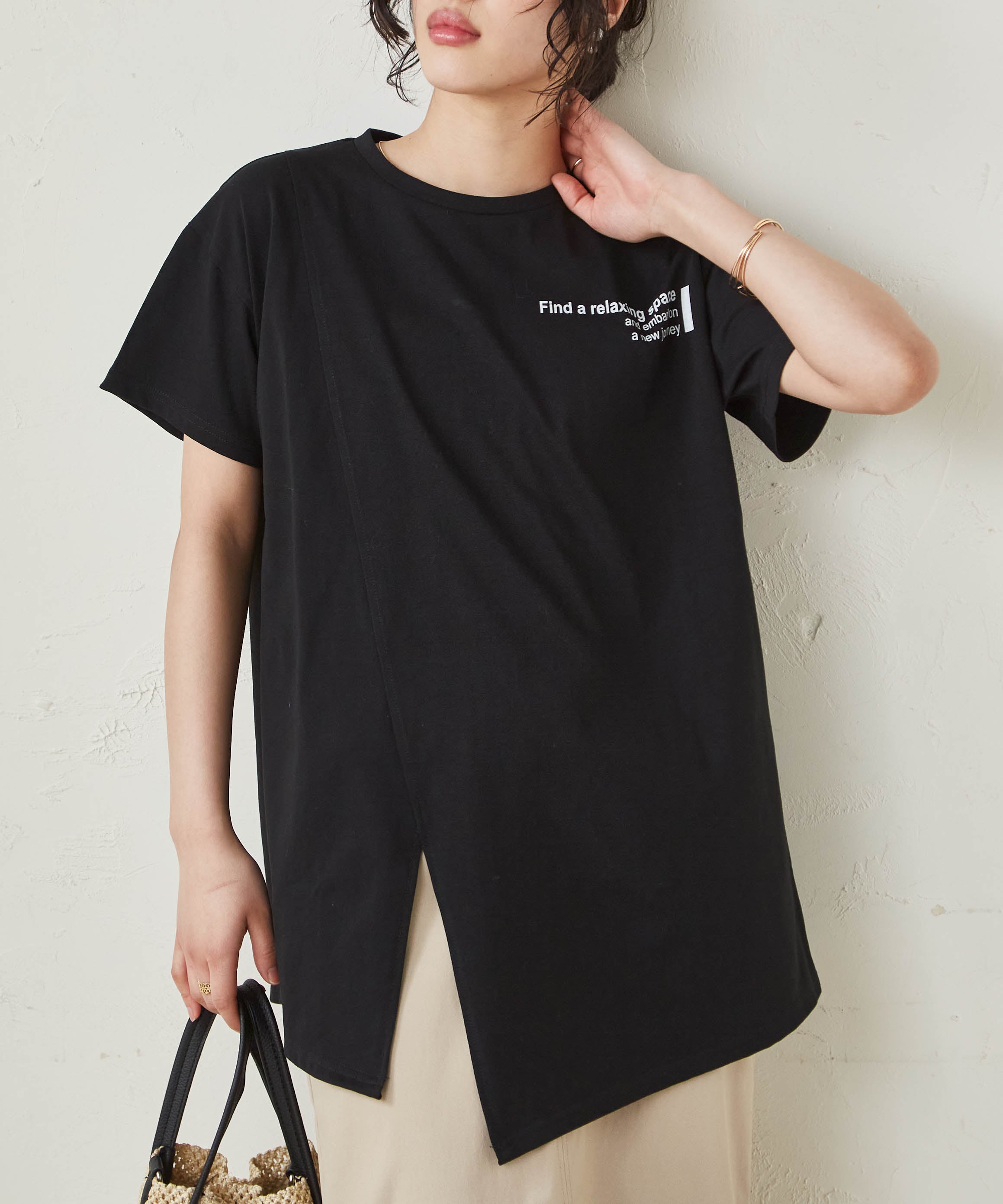 ラナン RANAN ロゴプリントアシメチュニックTシャツ