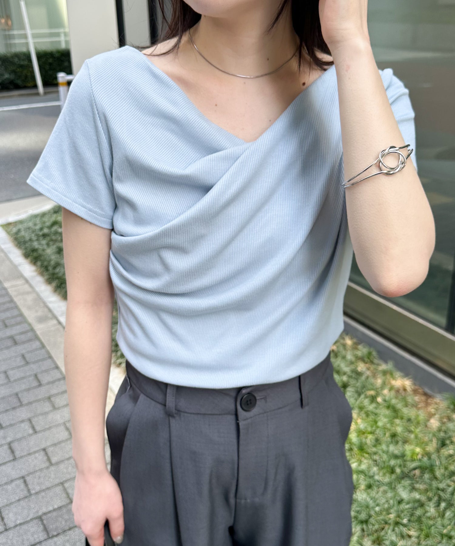 ラナン RANAN ドレープリブTシャツ （ブルー） ブルー
