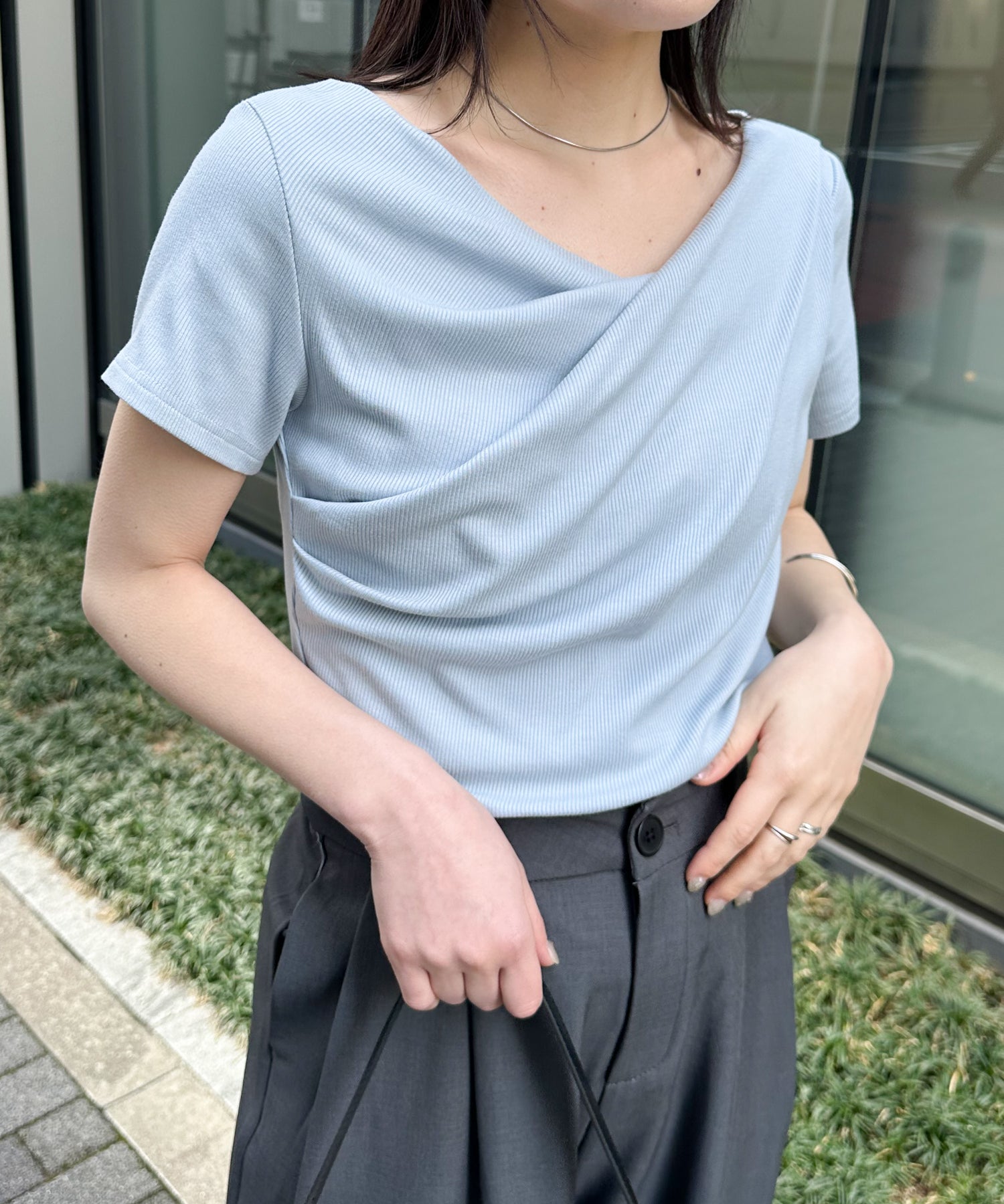 ラナン RANAN ドレープリブTシャツ （ブルー） ブルー