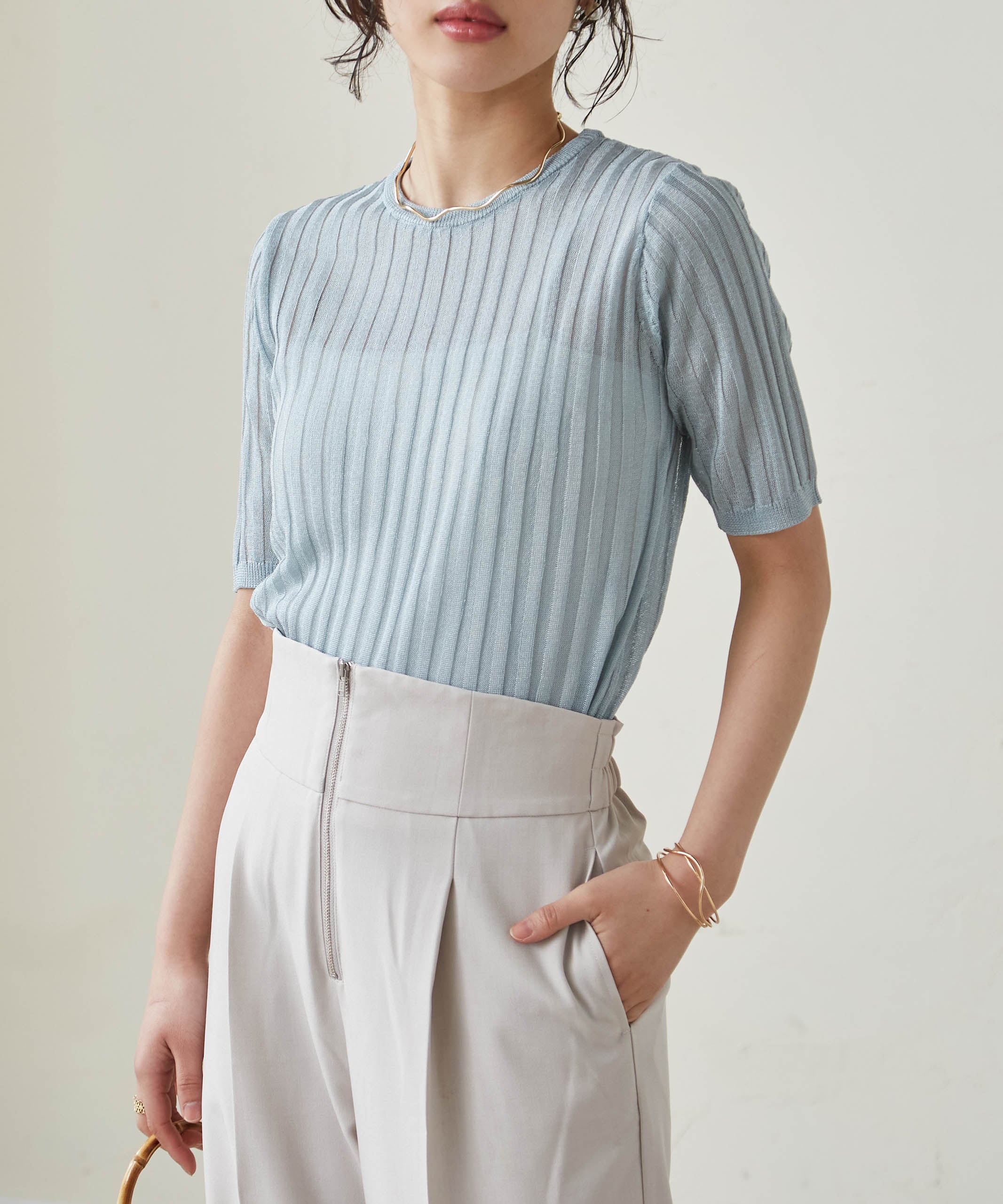 Ranan RANAN 5-minute sleeve sheer ribbed knit