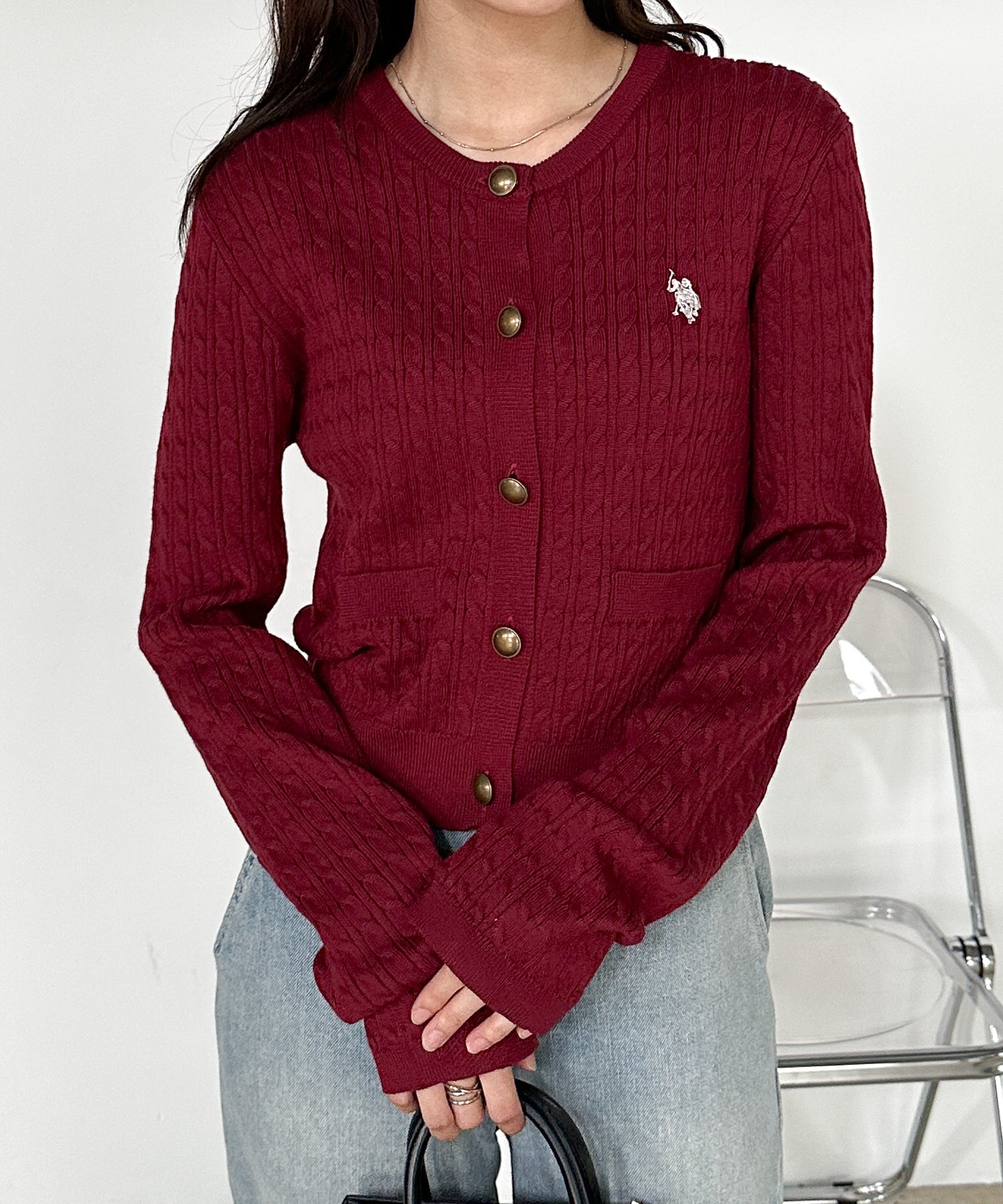ラナン RANAN 【U.S. POLO ASSN.】ゴールドボタン刺繍ケーブルニットカーディガン （ボルドー） ボルドー