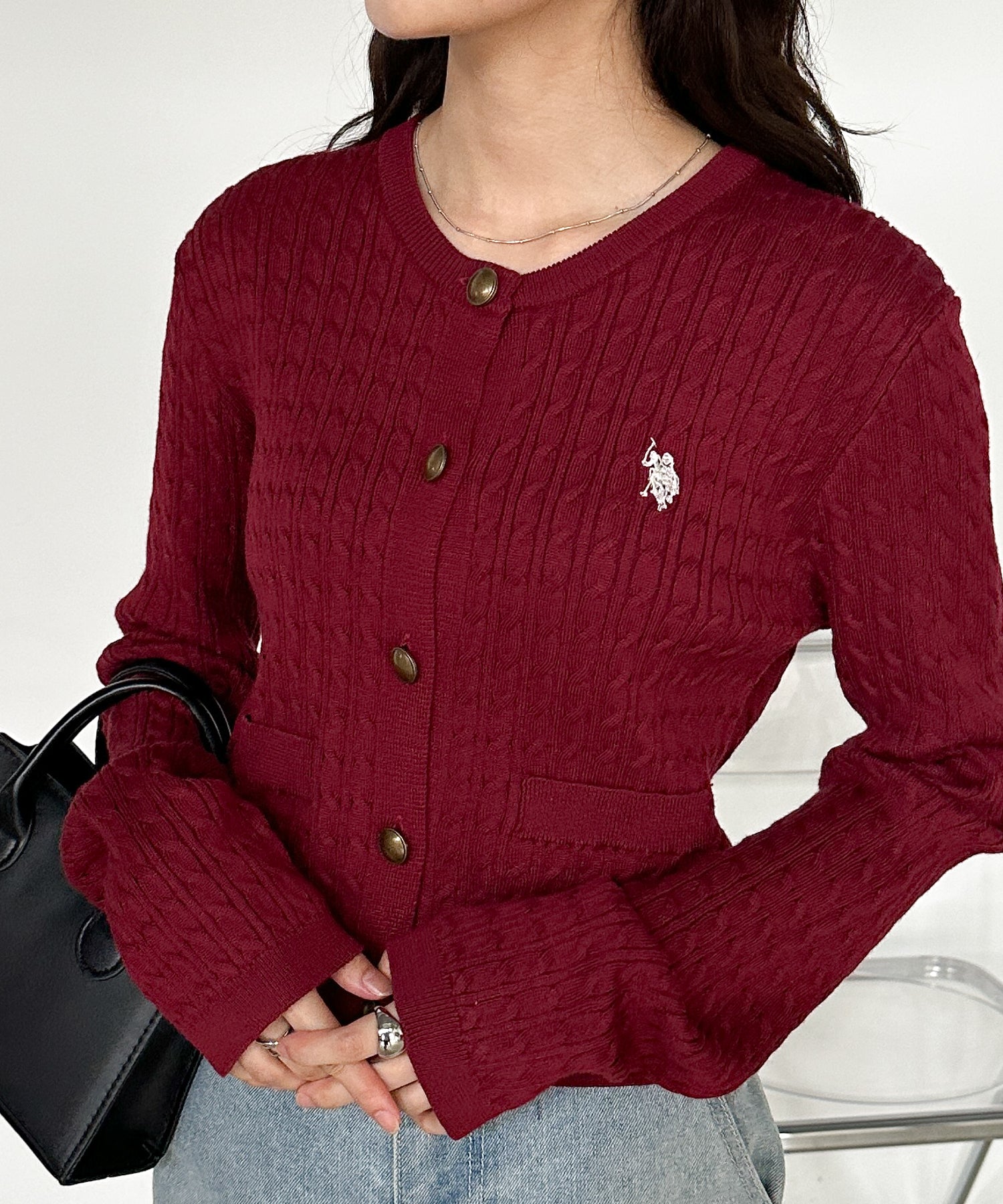 ラナン RANAN 【U.S. POLO ASSN.】ゴールドボタン刺繍ケーブルニットカーディガン （ボルドー） ボルドー