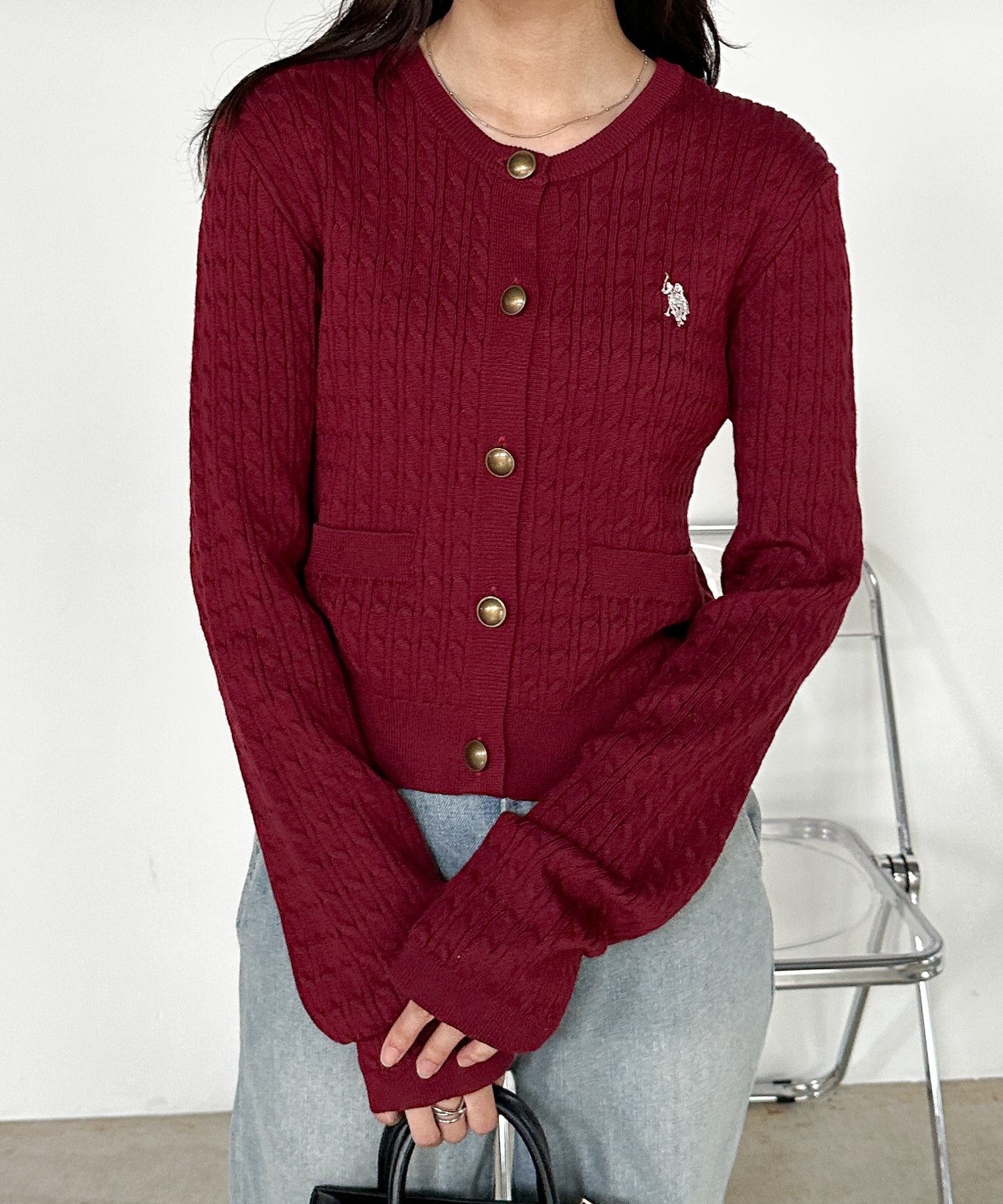 ラナン RANAN 【U.S. POLO ASSN.】ゴールドボタン刺繍ケーブルニットカーディガン （ボルドー） ボルドー