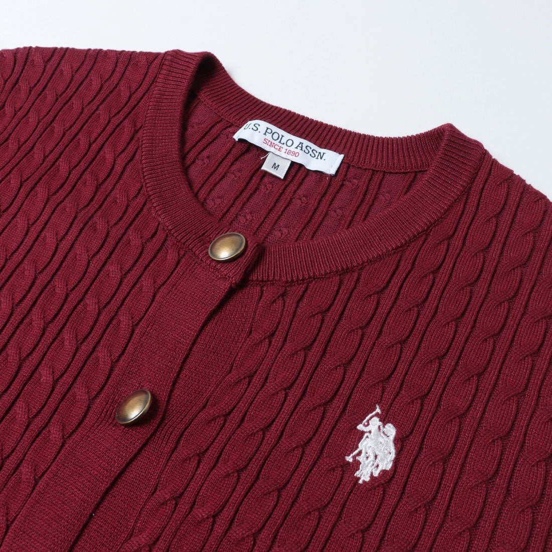 ラナン RANAN 【U.S. POLO ASSN.】ゴールドボタン刺繍ケーブルニットカーディガン （ボルドー） ボルドー