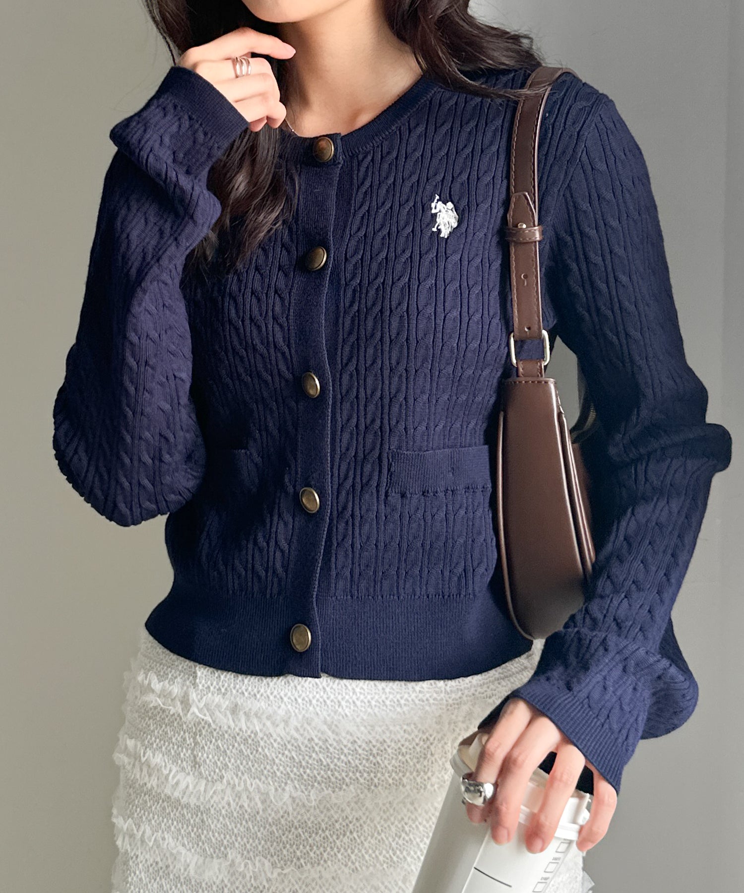 ラナン RANAN 【U.S. POLO ASSN.】ゴールドボタン刺繍ケーブルニットカーディガン （ネイビー） ネイビー