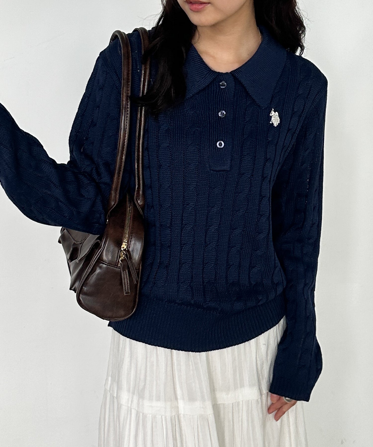 ラナン RANAN 【U.S. POLO ASSN.】刺繍長袖ケーブルポロニット （ネイビー） ネイビー