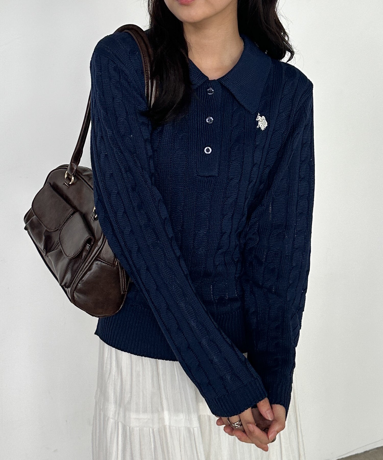 ラナン RANAN 【U.S. POLO ASSN.】刺繍長袖ケーブルポロニット （ネイビー） ネイビー