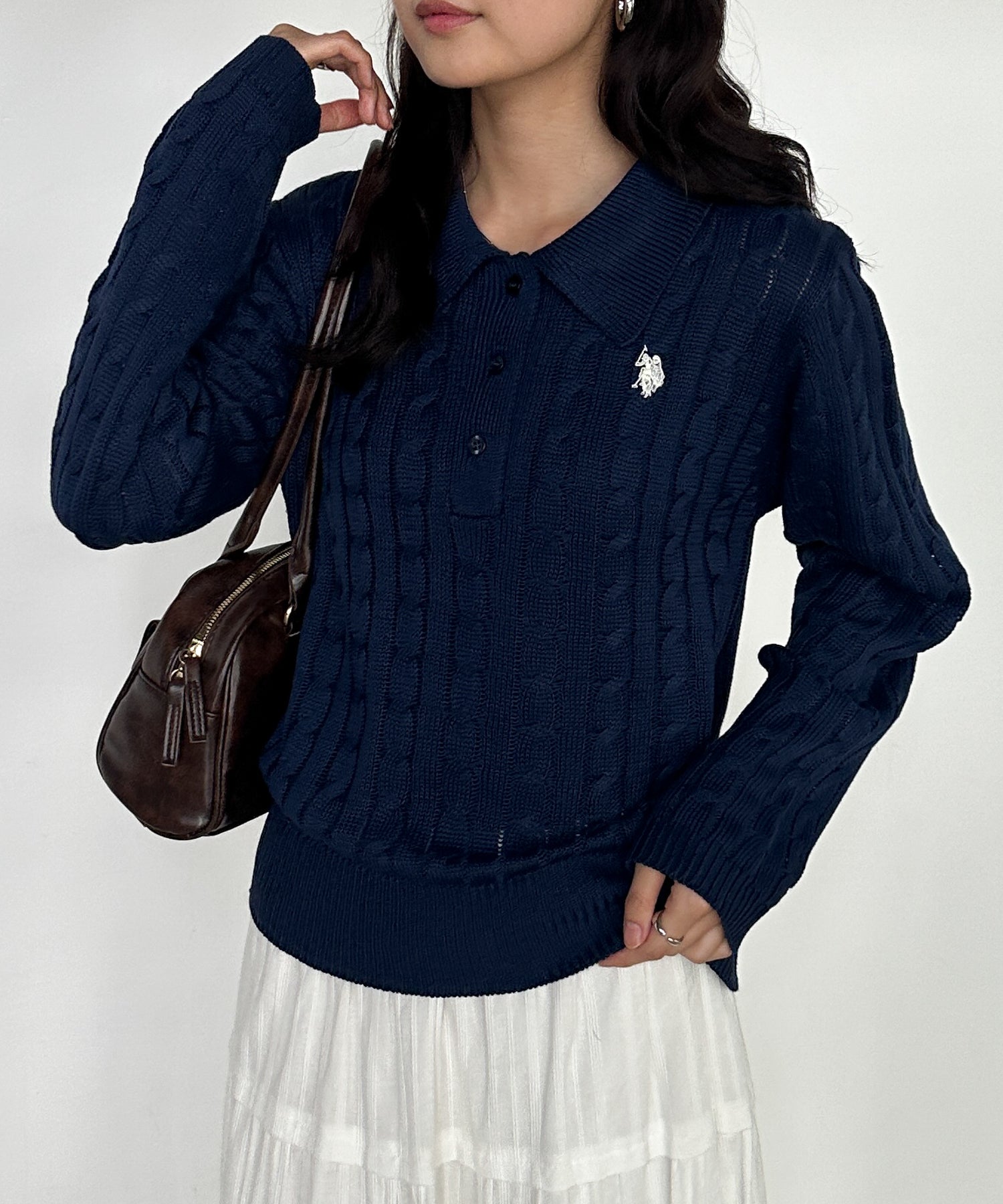 ラナン RANAN 【U.S. POLO ASSN.】刺繍長袖ケーブルポロニット （ネイビー） ネイビー