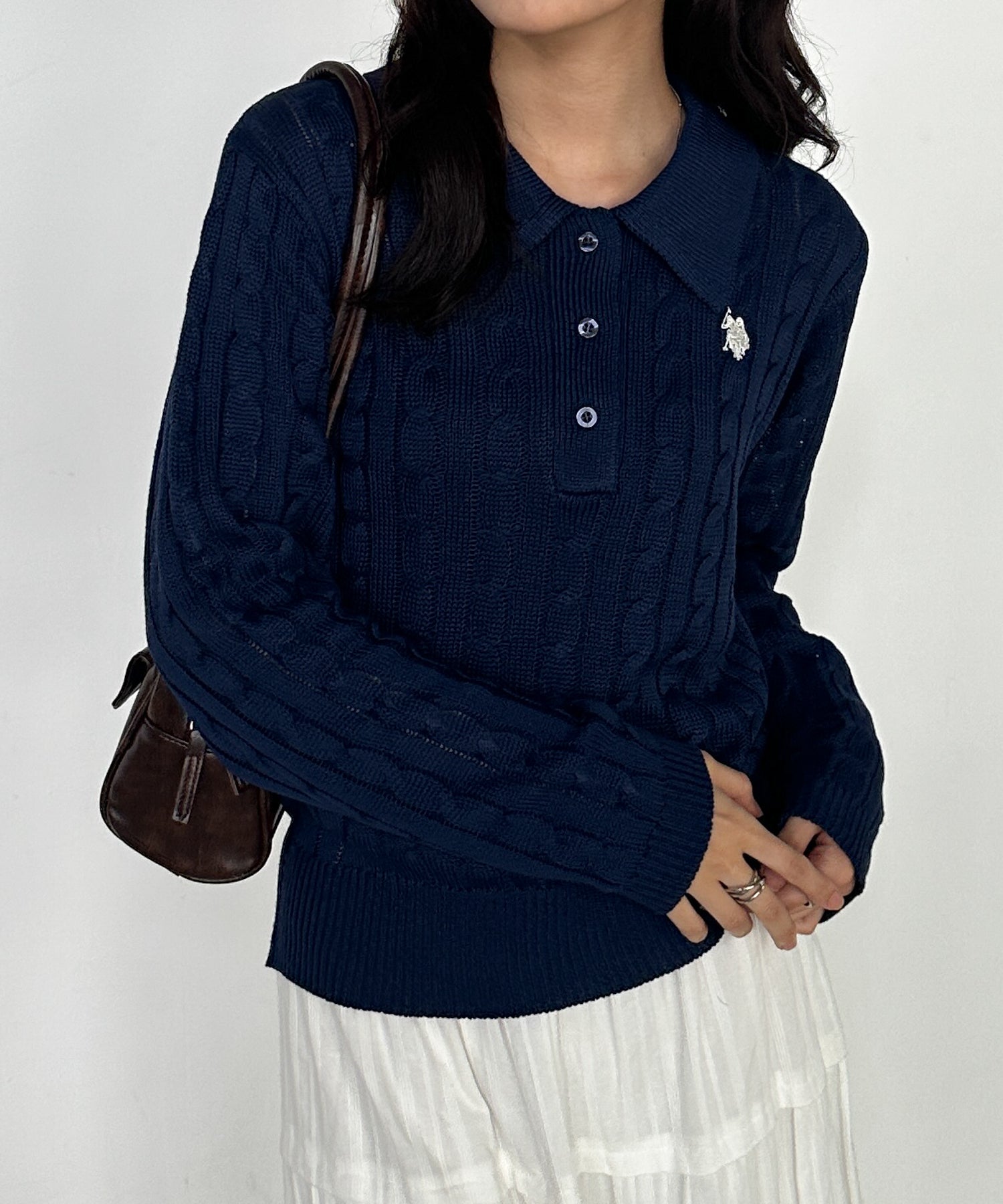 ラナン RANAN 【U.S. POLO ASSN.】刺繍長袖ケーブルポロニット （ネイビー） ネイビー