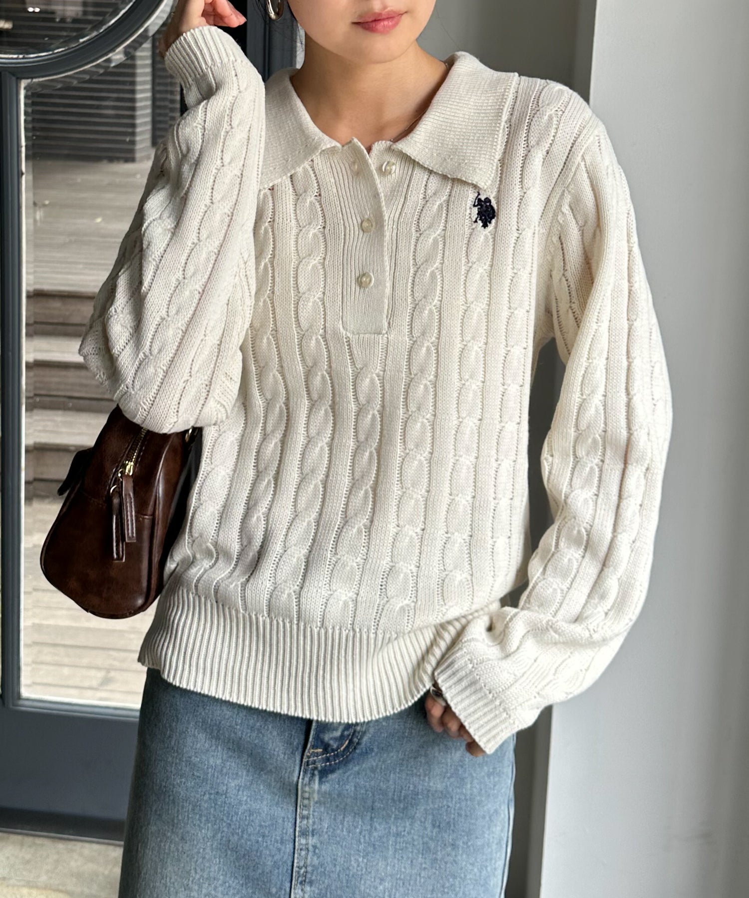 ラナン RANAN 【U.S. POLO ASSN.】刺繍長袖ケーブルポロニット （アイボリー） アイボリー