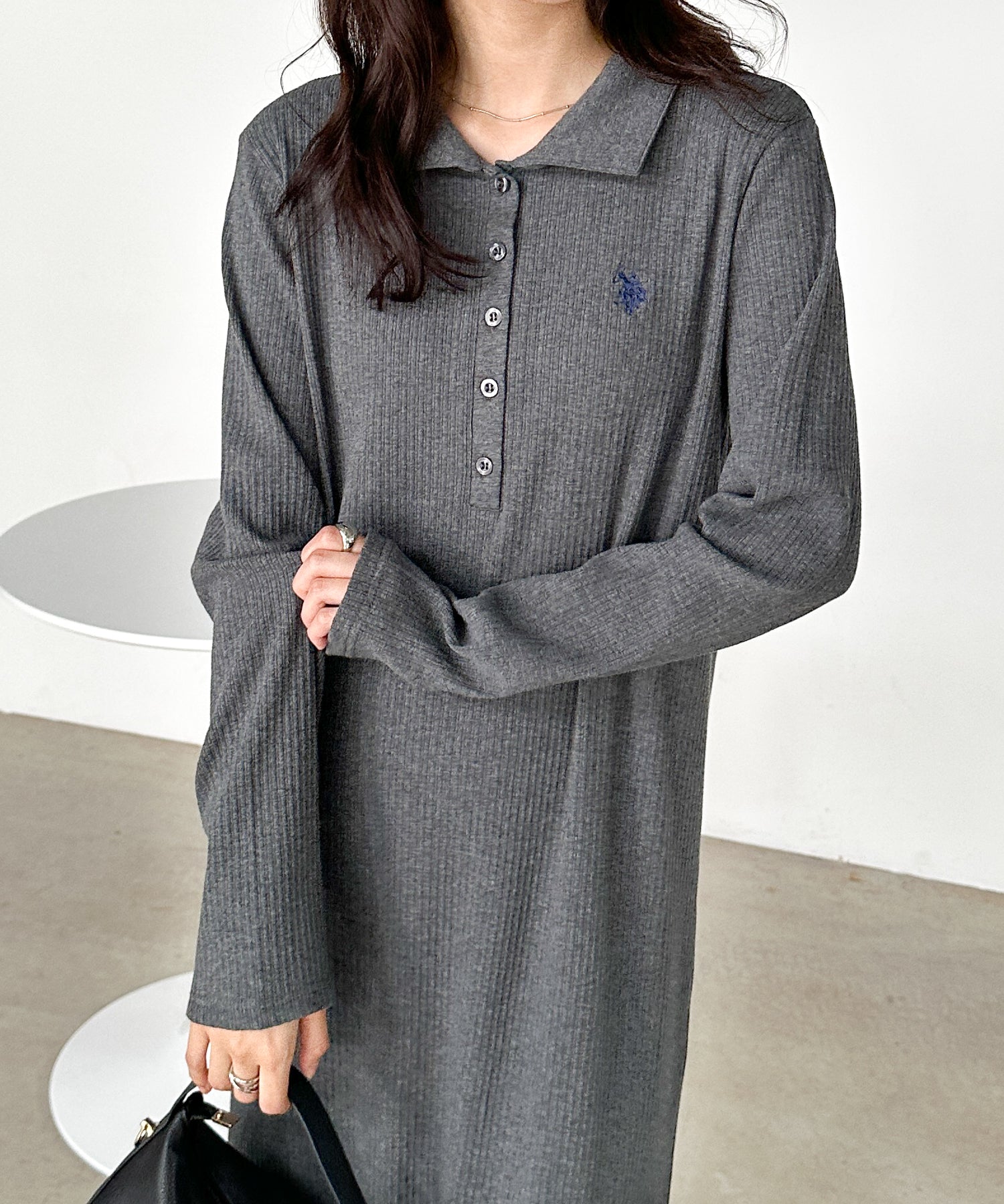 ラナン RANAN 【U.S. POLO ASSN.】ポロ衿長袖リブワンピース （グレー） グレー