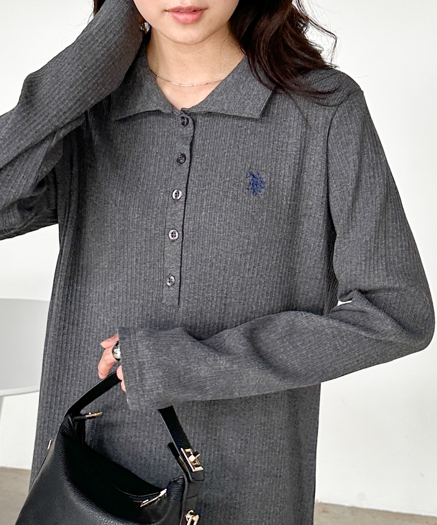 ラナン RANAN 【U.S. POLO ASSN.】ポロ衿長袖リブワンピース （グレー） グレー