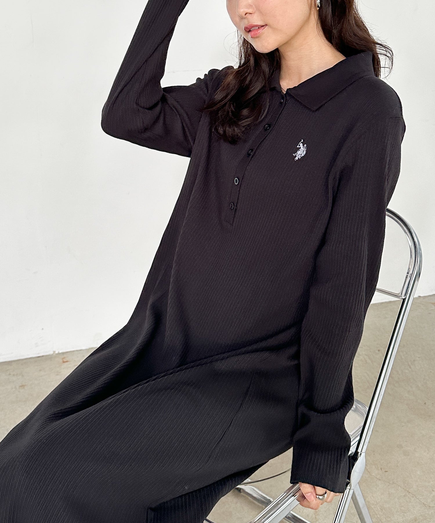 ラナン RANAN 【U.S. POLO ASSN.】ポロ衿長袖リブワンピース （ブラック） ブラック