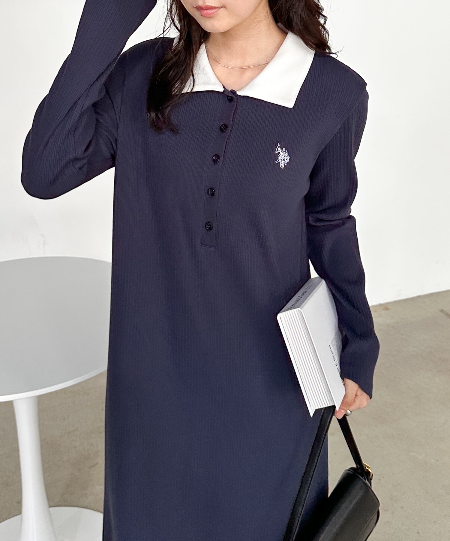 ラナン RANAN 【U.S. POLO ASSN.】ポロ衿長袖リブワンピース （ネイビー） ネイビー