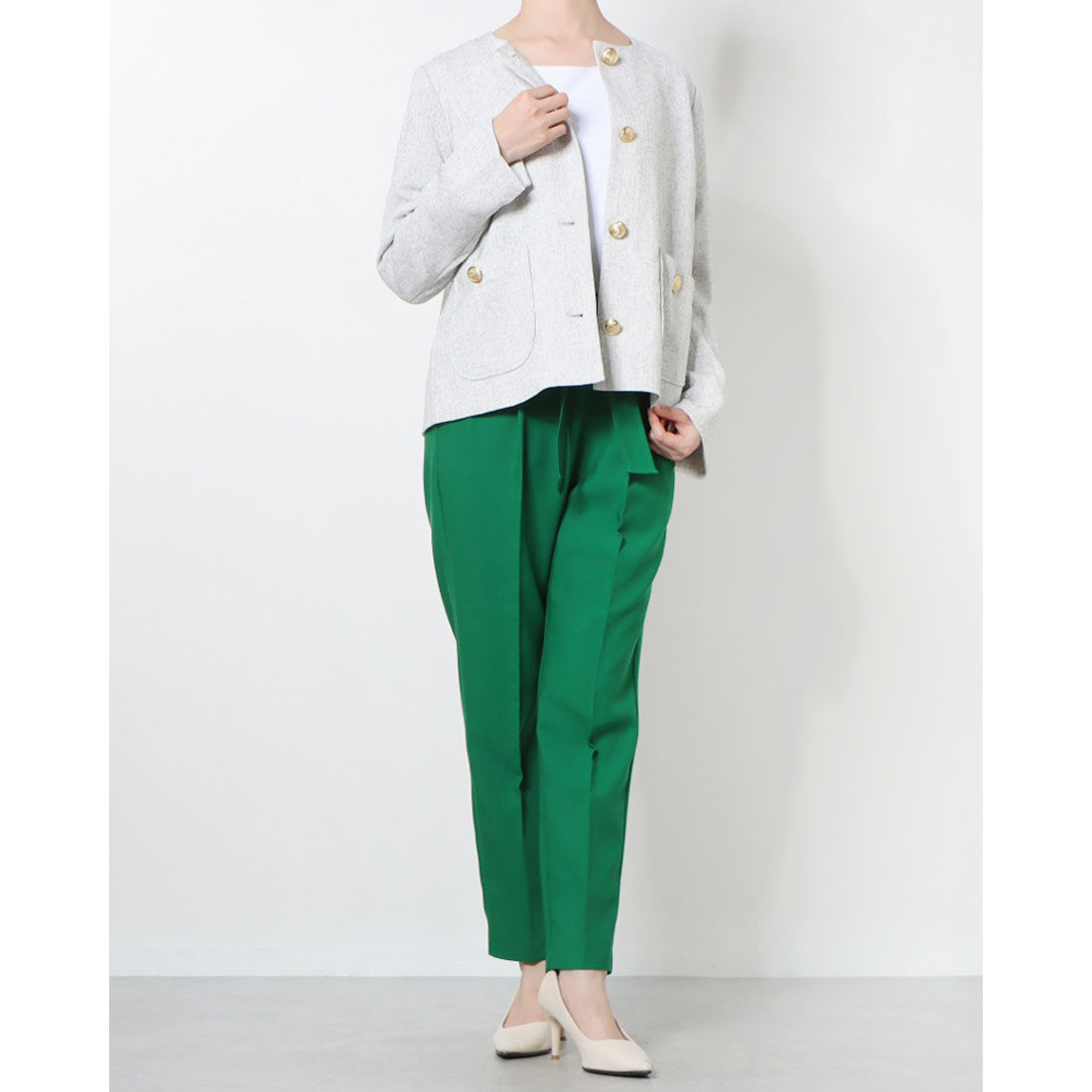 ラナン RANAN メタル調ボタンノーカラージャケット&パンツスーツ