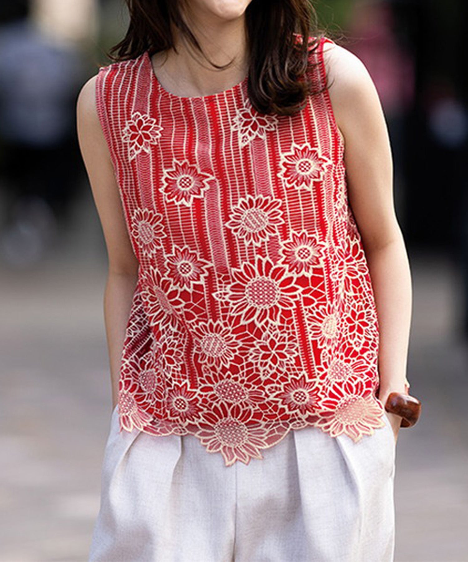 ラナン RANAN ひんやり裏地付！レース使いプルオーバー （オレンジケイ） オレンジケイ