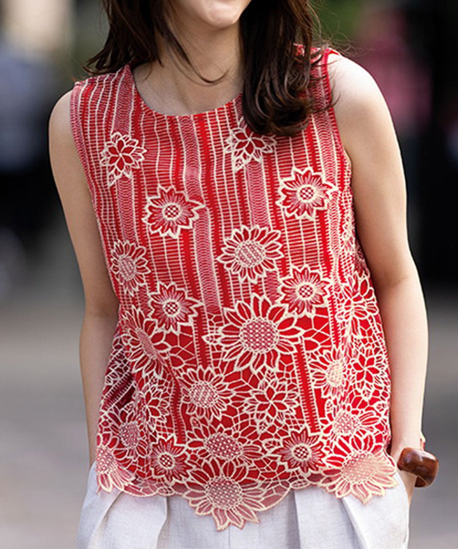 ラナン RANAN ひんやり裏地付！レース使いプルオーバー （オレンジケイ） オレンジケイ