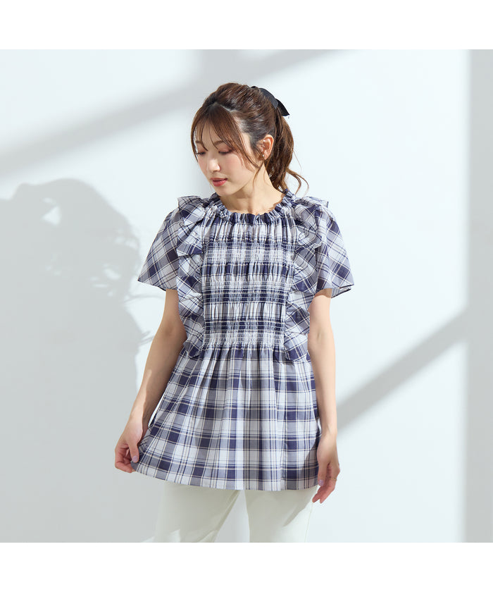ローズティアラ RoseTiara 【手洗い可】チェックシャーリングブラウス （ダークブルー） ダークブルー