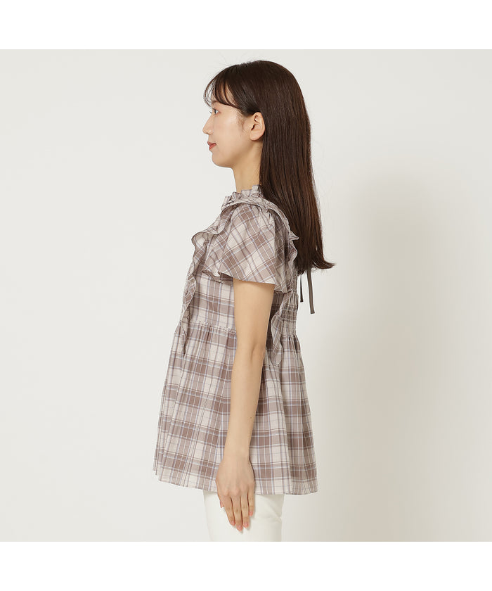 ローズティアラ RoseTiara 【手洗い可】チェックシャーリングブラウス （ダークブルー） ダークブルー