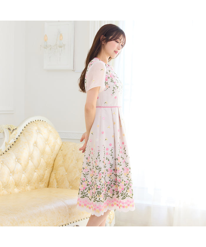 ローズティアラ RoseTiara オーガンジー吹上刺繍ワンピース （ベージュ） ベージュ