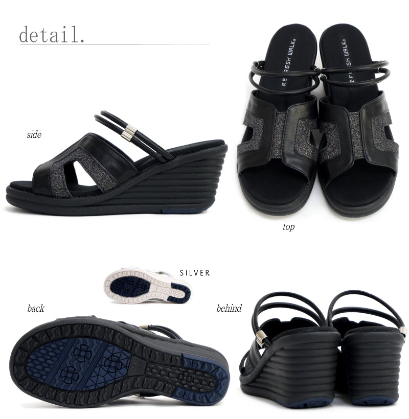 リフレッシュウォーク REFRESH WALK ミュールサンダル レディース 2WAY ストラップベルト ウエッジソール グリッター （シルバー） シルバー