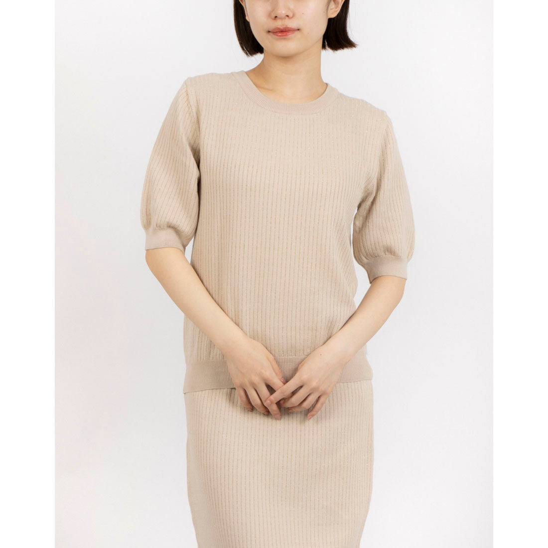 リナシメント RINASCIMENTO ハーフスリーブラメリブニットTOPS （var.Beige Chiaro） var.Beige Chiaro