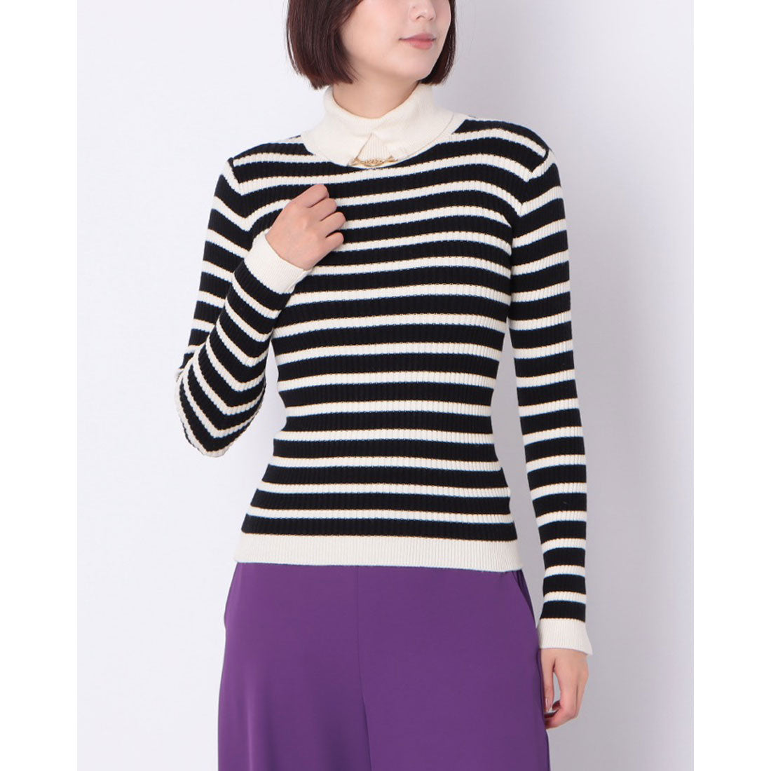 リナシメント RINASCIMENTO プレートタートルボーダーリブニットトップス （var.Bianco Panna） var.Bianco Panna