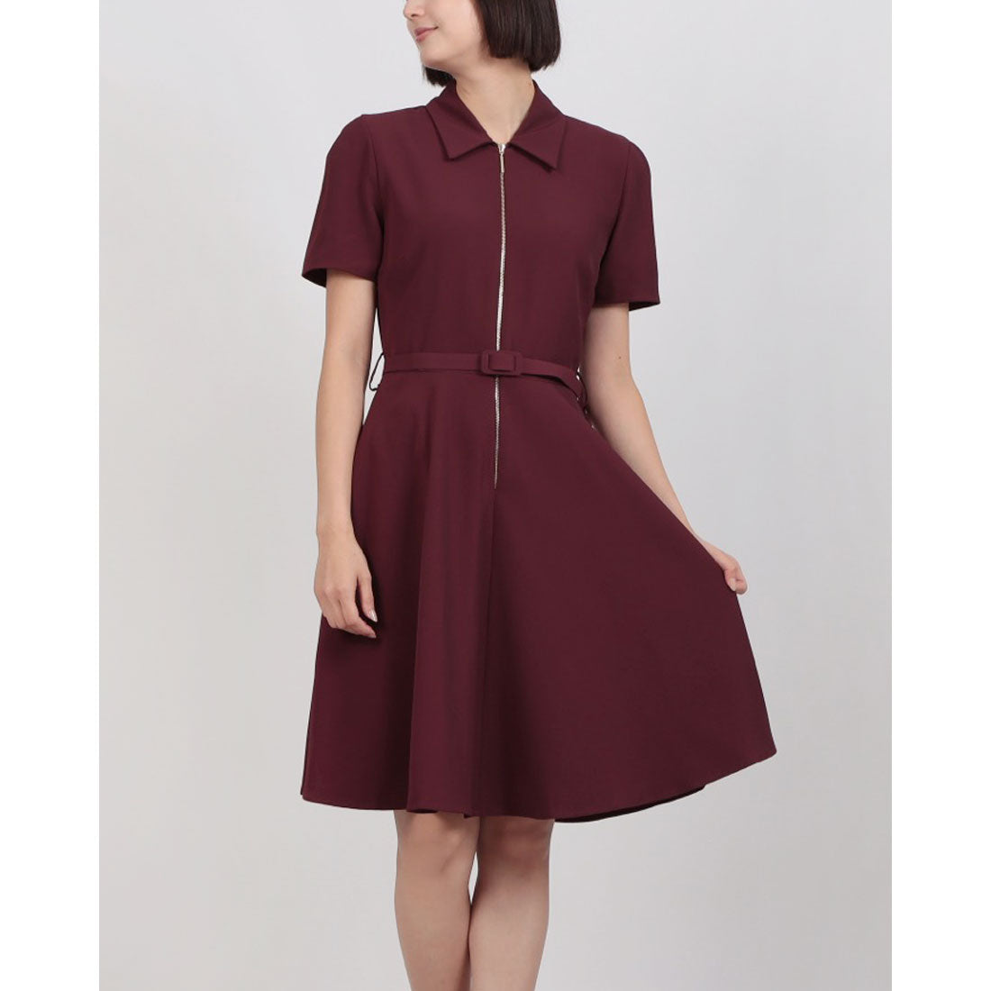 リナシメント RINASCIMENTO ベルテッド襟付きジップフレアOP （Bordeaux Rosso） Bordeaux Rosso