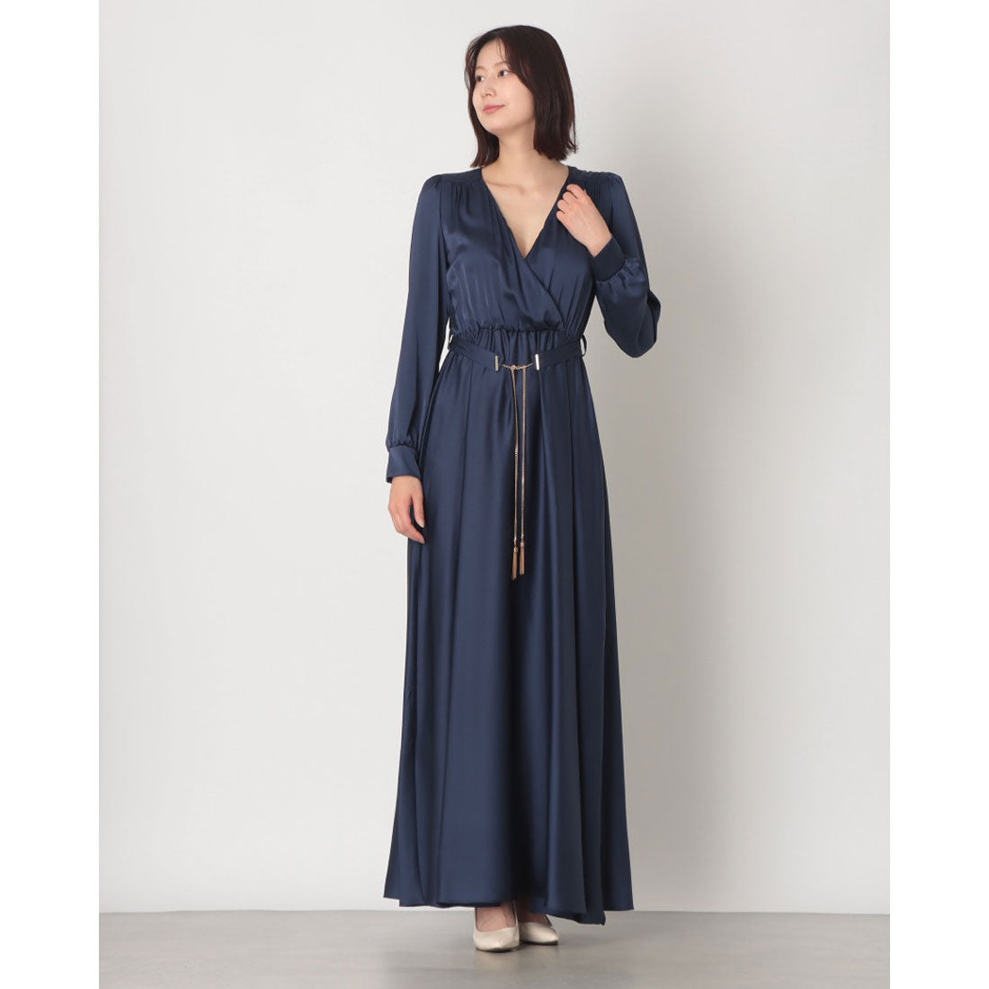 リナシメント RINASCIMENTO チェーンベルトカシュクールサテンマキシOP （Blu Navy） Blu Navy