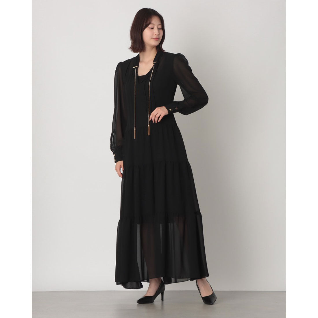 リナシメント RINASCIMENTO フリンジチェーンタックシフォンシャツワンピース （Nero） Nero