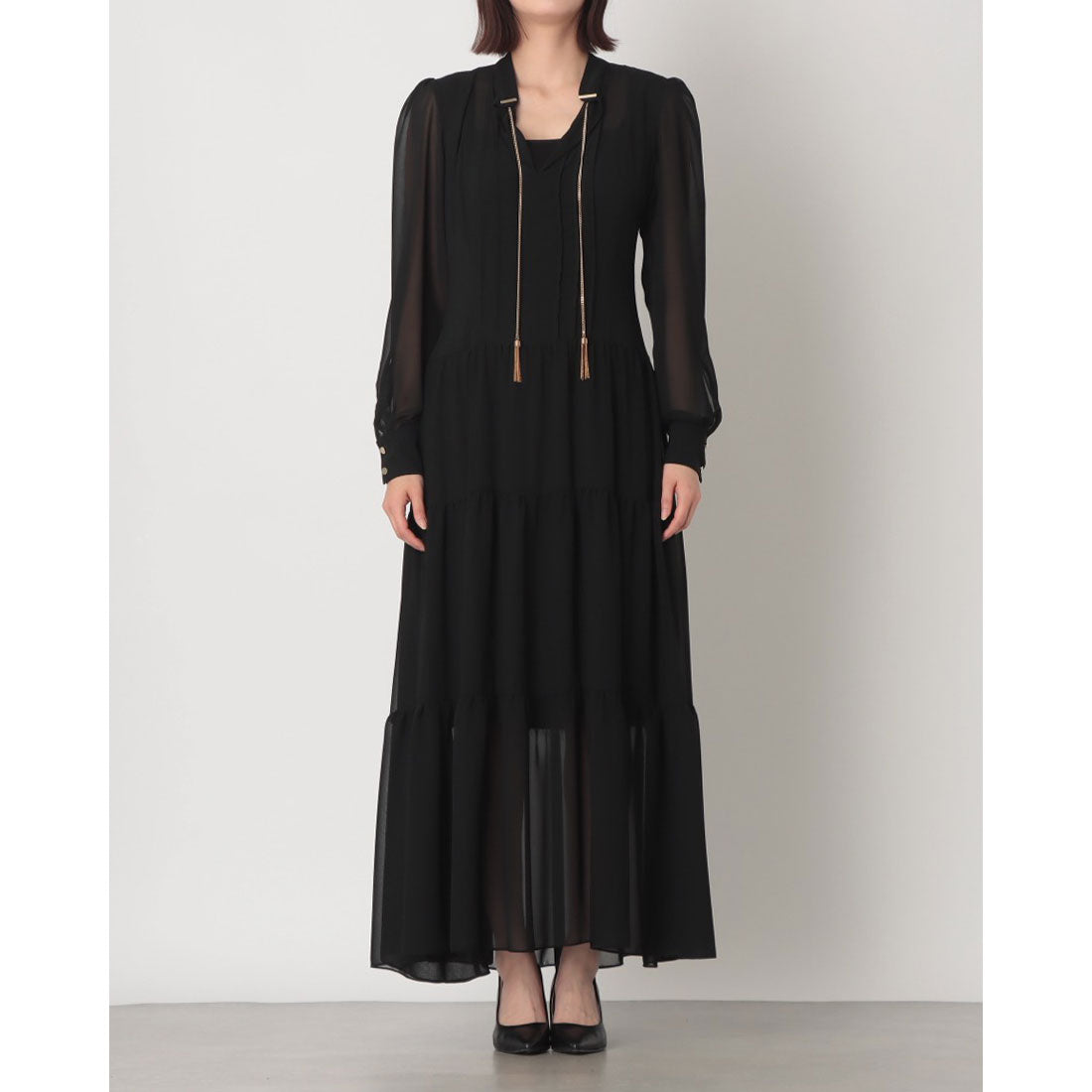 リナシメント RINASCIMENTO フリンジチェーンタックシフォンシャツワンピース （Nero） Nero