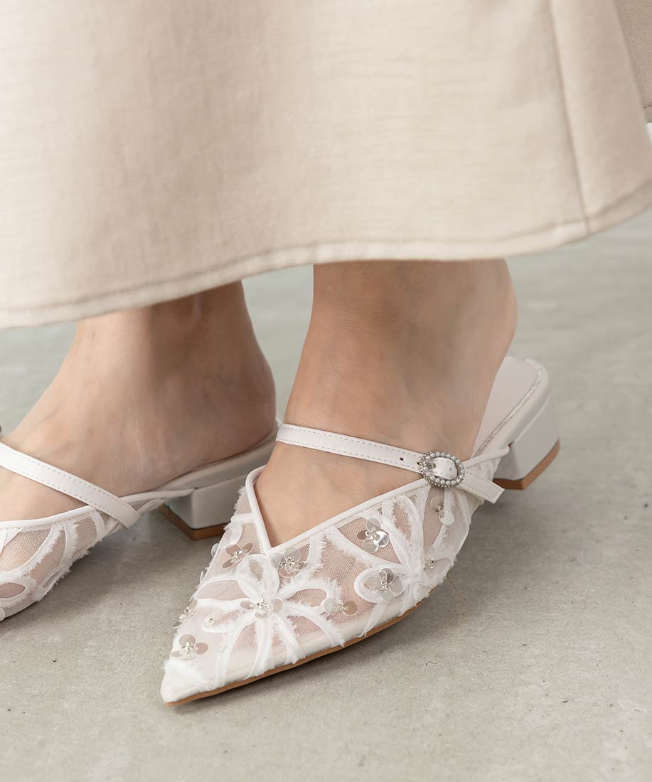 ランダ RANDA スパンコールフラットミュールパンプス （WHITE） WHITE