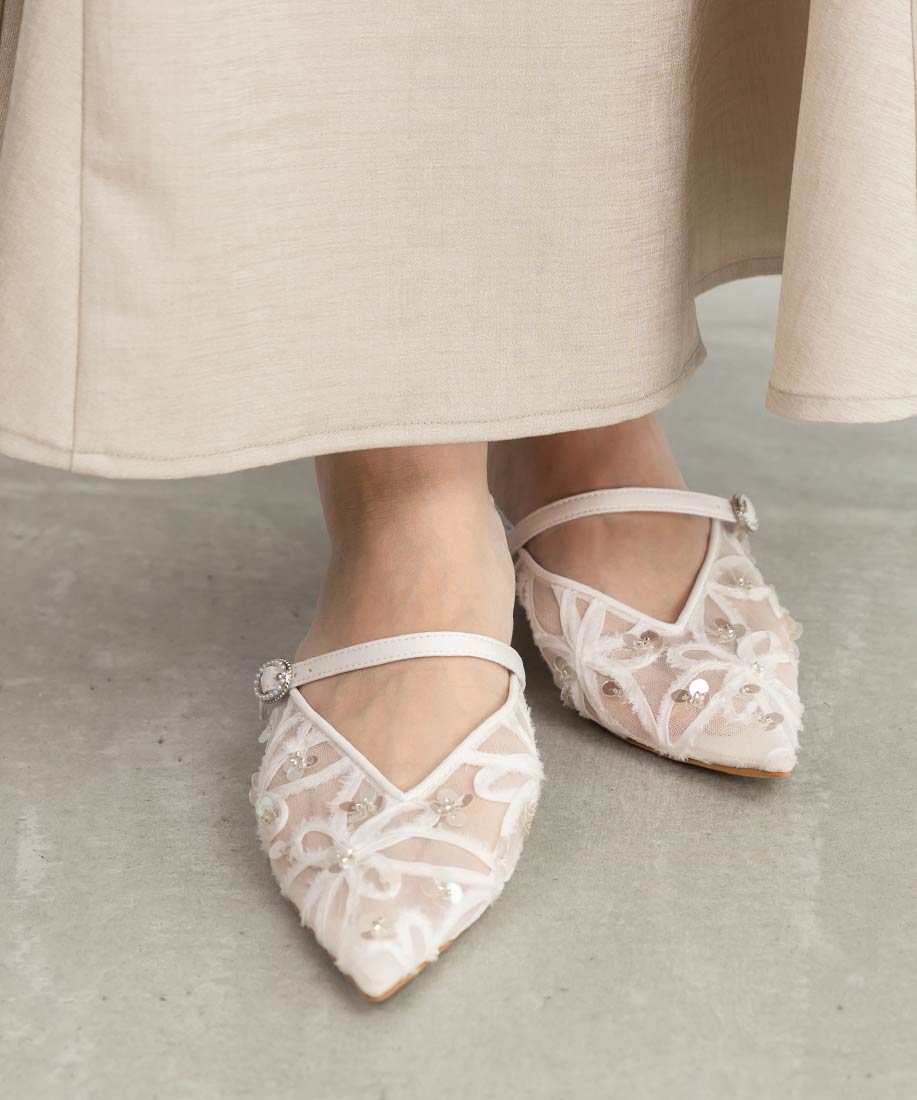 ランダ RANDA スパンコールフラットミュールパンプス （WHITE） WHITE