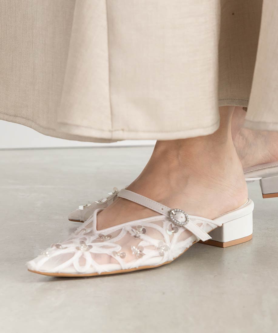 ランダ RANDA スパンコールフラットミュールパンプス （WHITE） WHITE