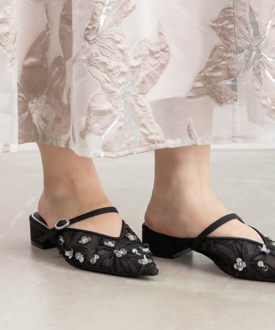 ランダ RANDA スパンコールフラットミュールパンプス （BLACK） BLACK