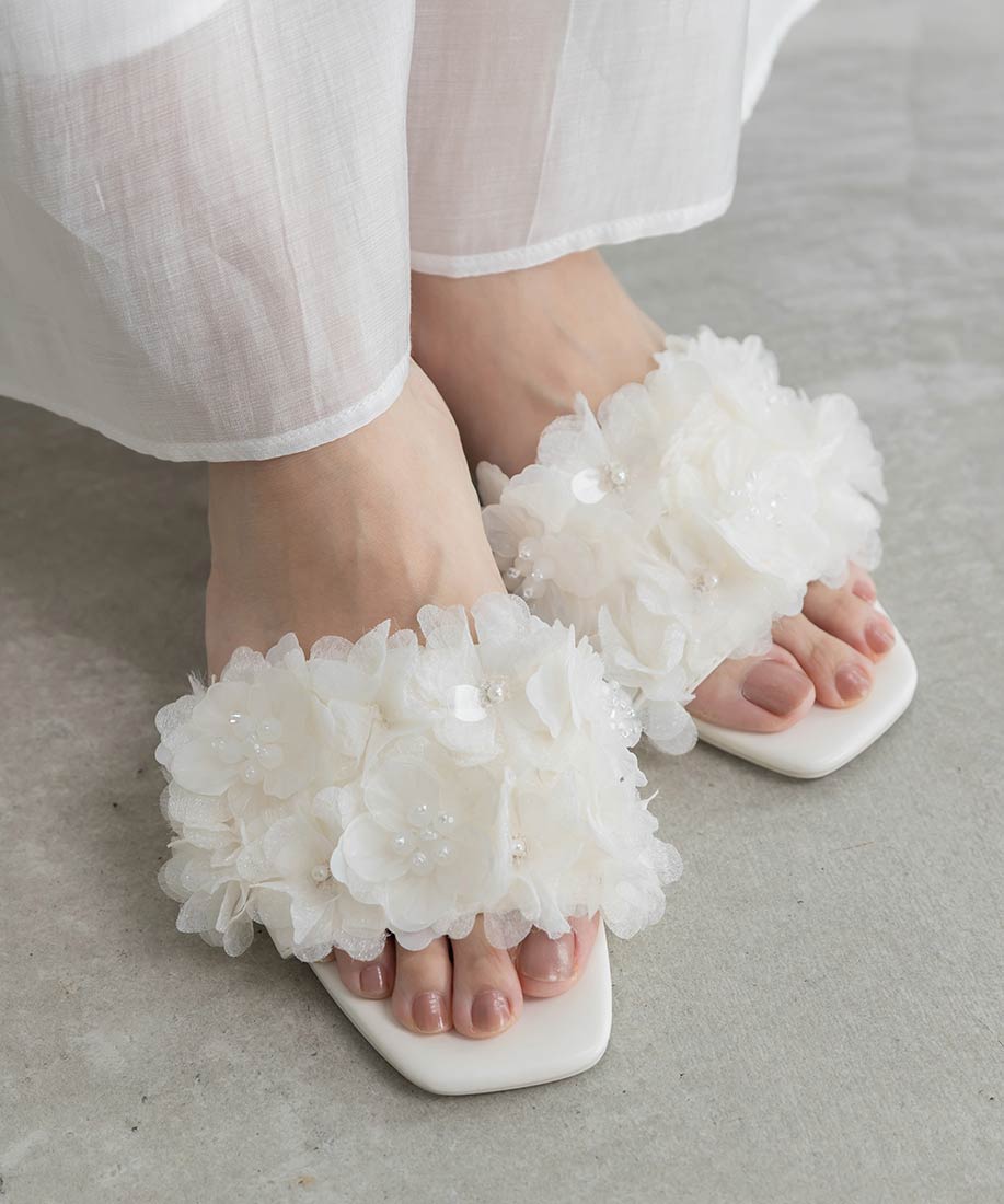 ランダ RANDA シフォンフラワーミュールサンダル （IVORY） IVORY