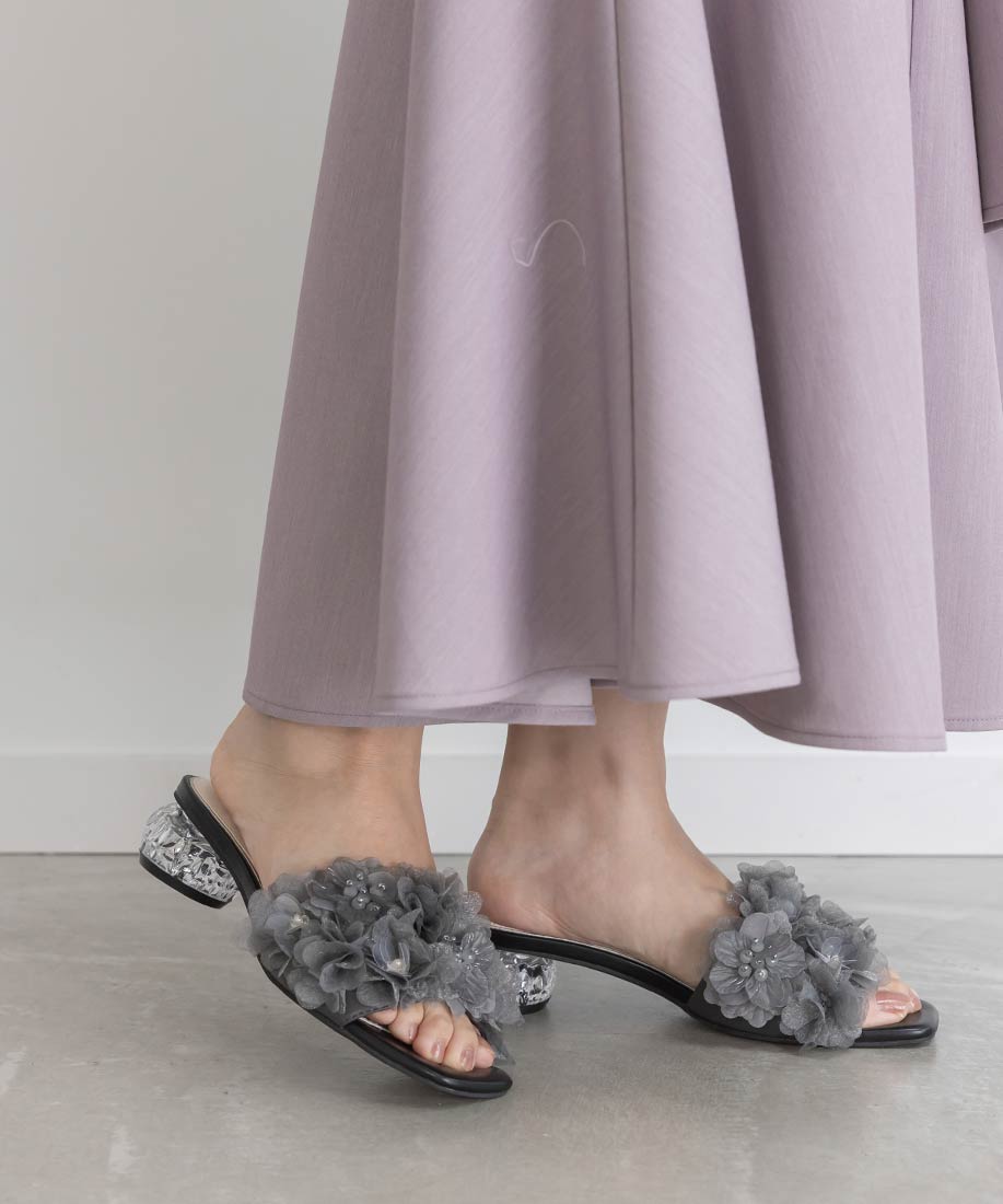 ランダ RANDA シフォンフラワーミュールサンダル （GRAY） GRAY