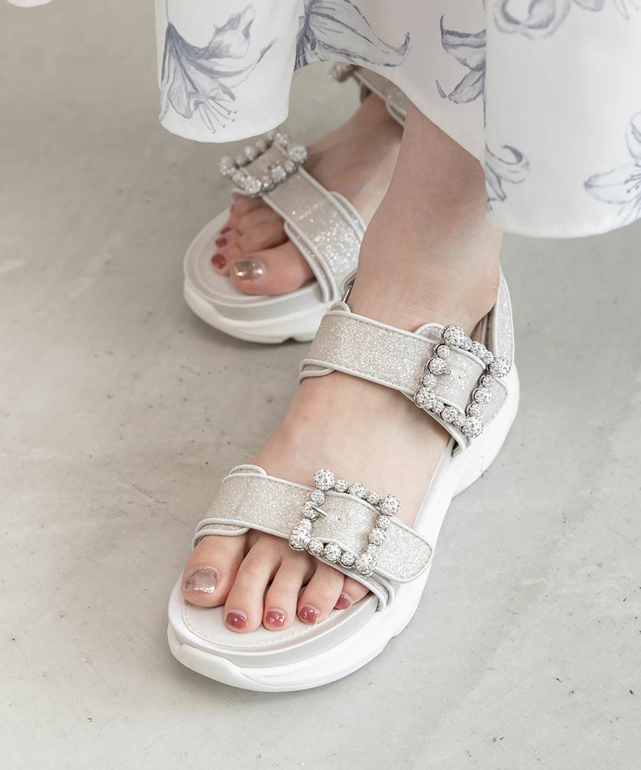 ランダ RANDA ビジューバックルグリッタースポーツサンダル （SILVER） SILVER