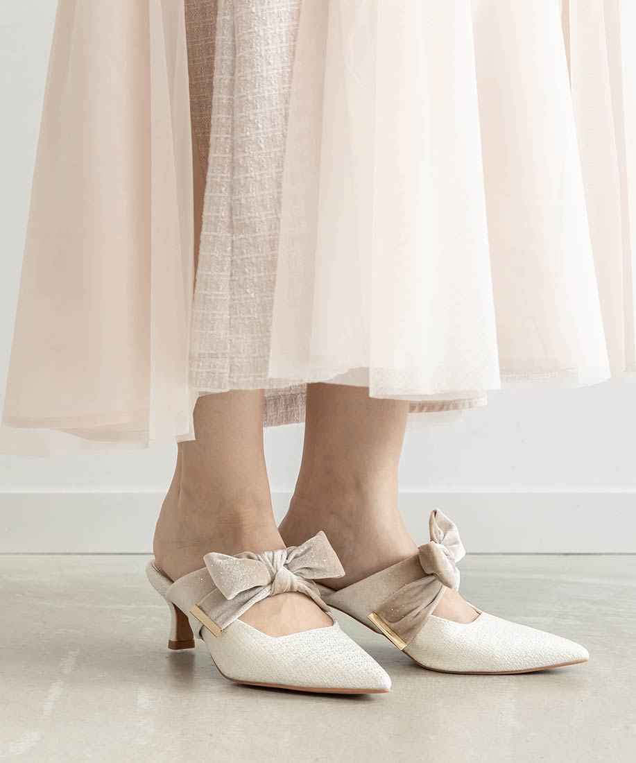 ランダ RANDA ビッグベロアリボンミュールパンプス （WHITE） WHITE