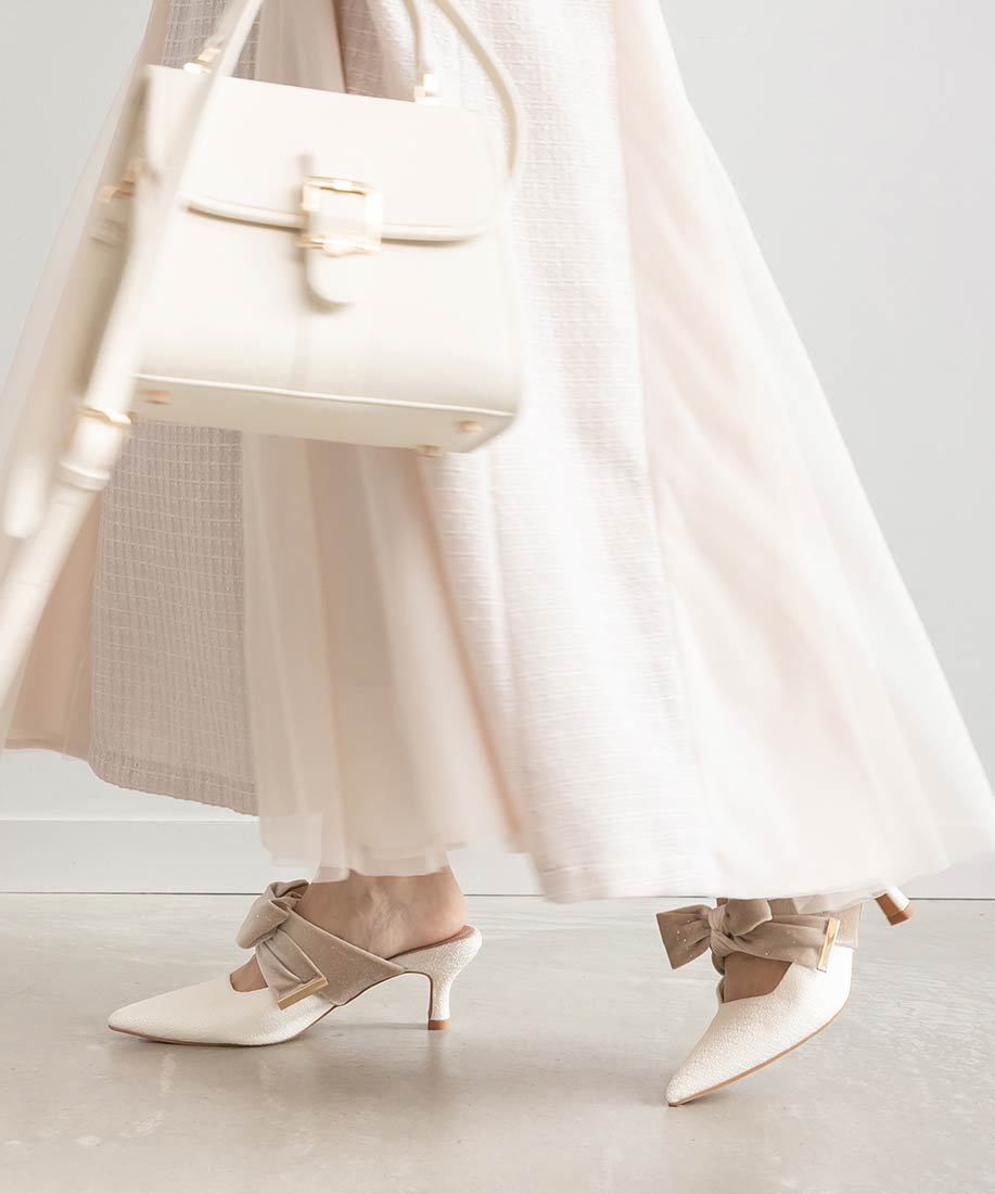 ランダ RANDA ビッグベロアリボンミュールパンプス （WHITE） WHITE