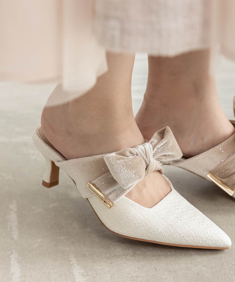 ランダ RANDA ビッグベロアリボンミュールパンプス （WHITE） WHITE