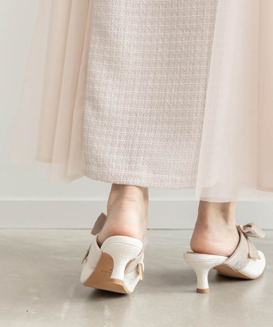 ランダ RANDA ビッグベロアリボンミュールパンプス （WHITE） WHITE