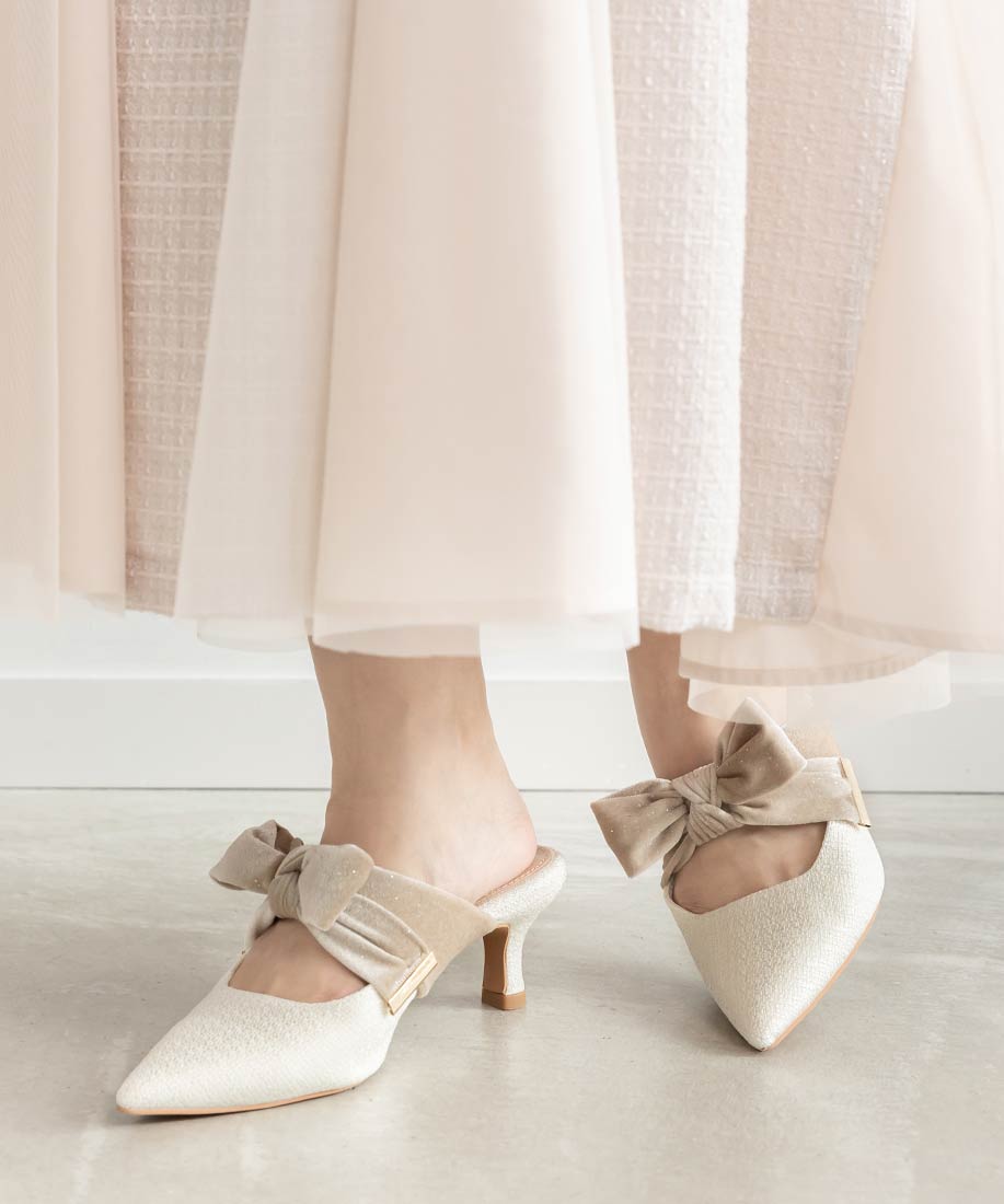 ランダ RANDA ビッグベロアリボンミュールパンプス （WHITE） WHITE